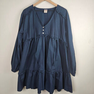 Bali Elf‎ Made By Hand Tiered Babydoll Dress XL Navy Blue Long Sleeve V-Neck